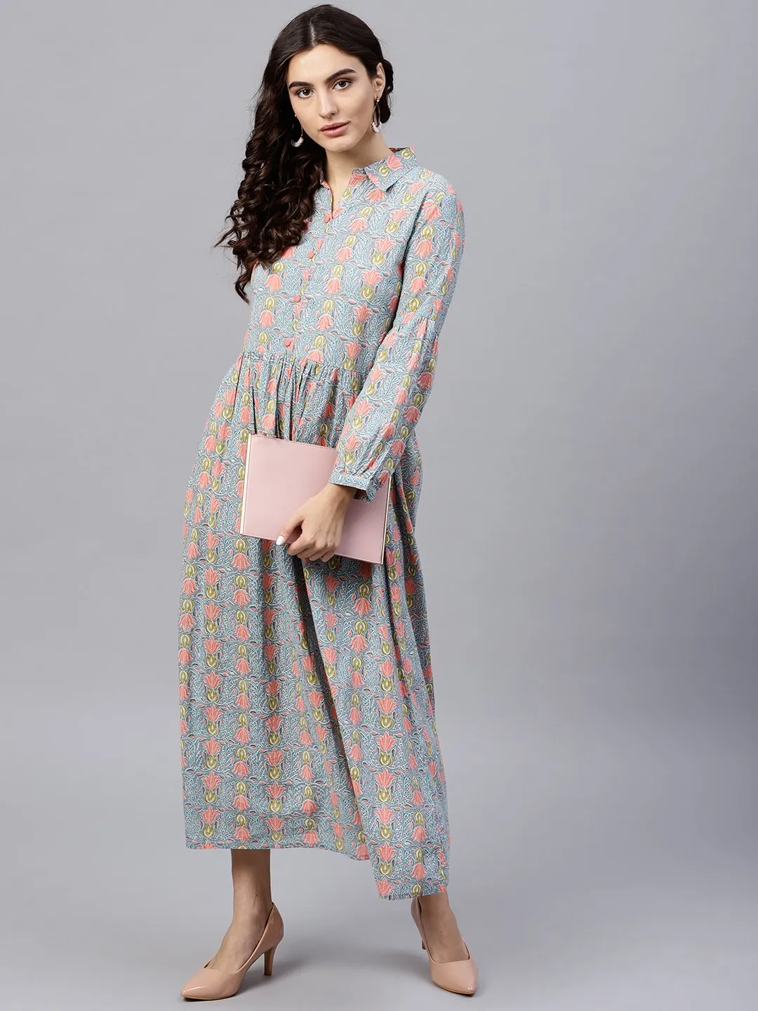 Powder Blue Printed Maxi Dress With Shirt Collar And Full Sleeves