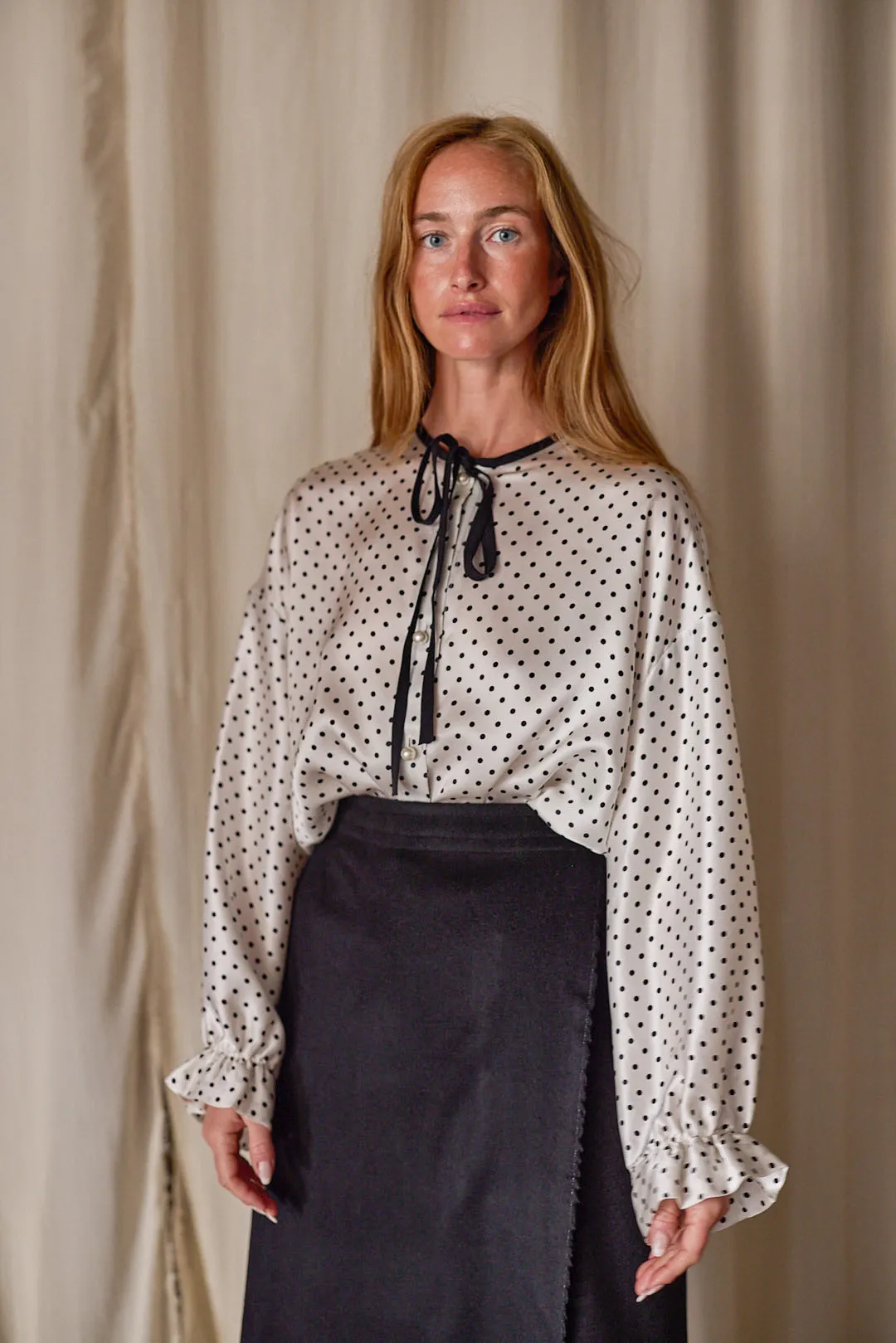 Ribbon Shirt | White Polkadot Silk Charmeuse