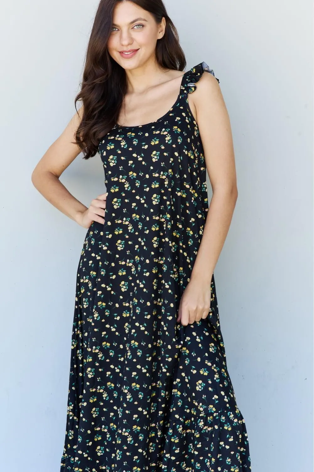 Ruffle Floral Maxi Dress in  Black