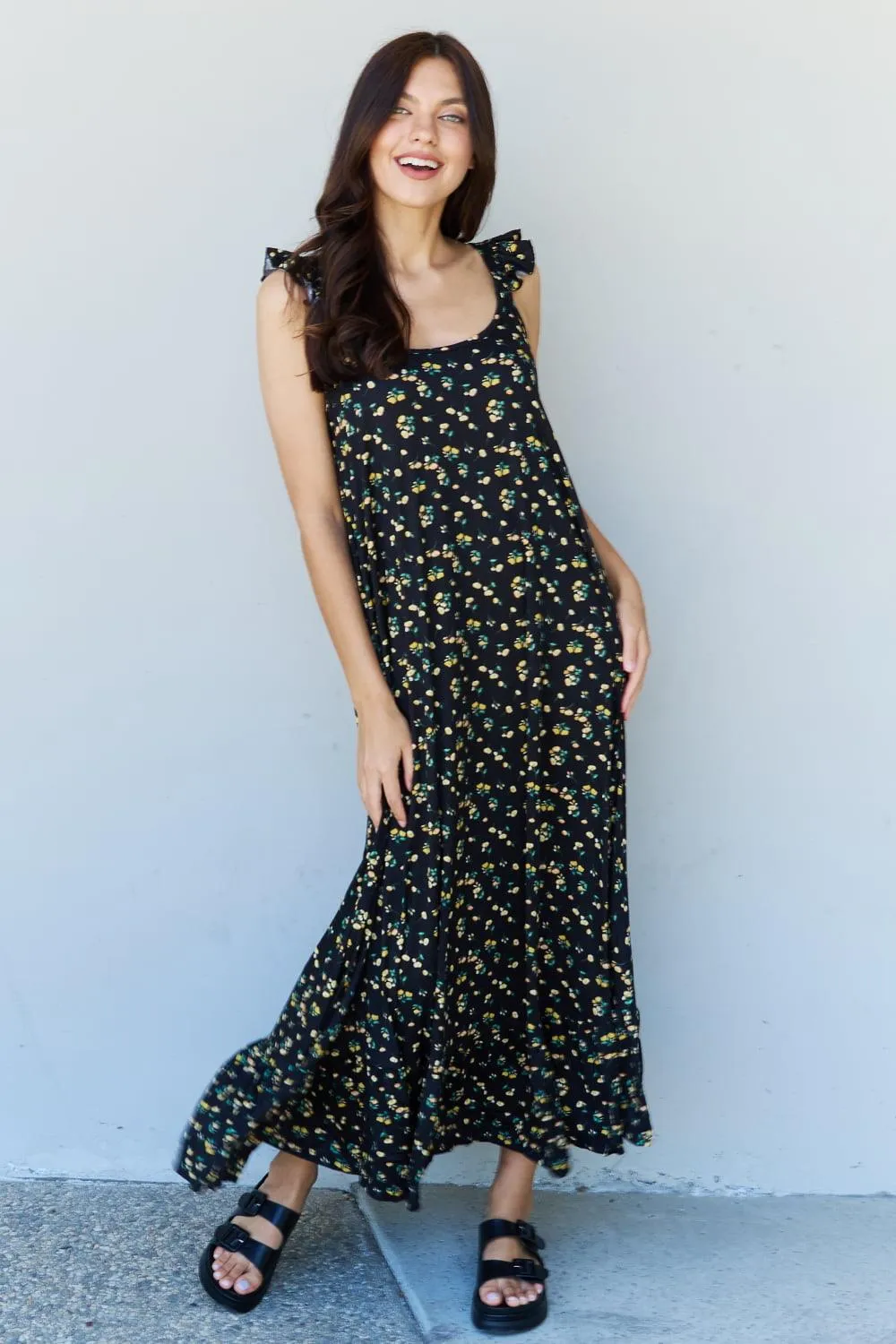 Ruffle Floral Maxi Dress in  Black