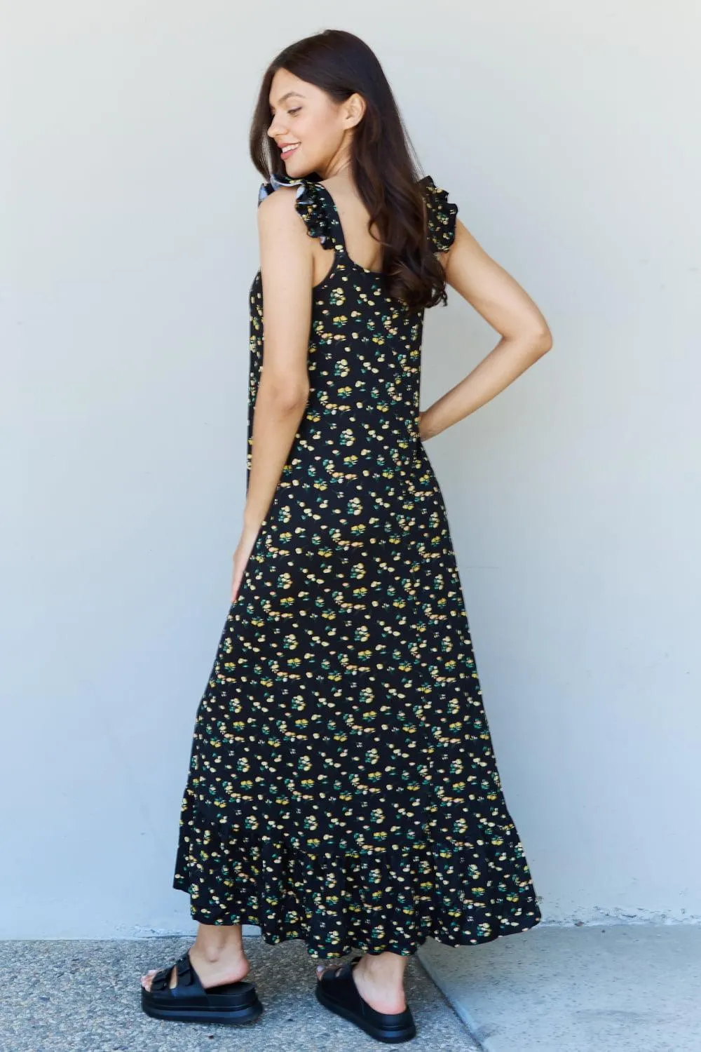 Ruffle Floral Maxi Dress in  Black
