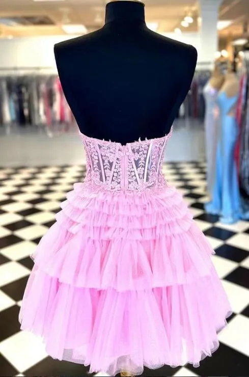 Strapless Sheer Lace Corset Homecoming Dress with Ruffle Tulle Skirt
