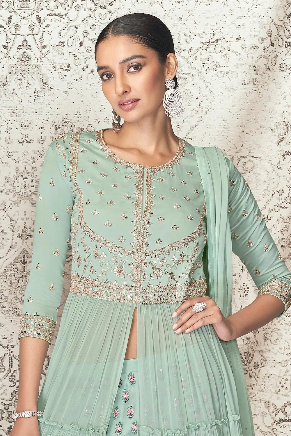 Tiffany Blue Slitted Style Georgette Skirt Style Anarkali