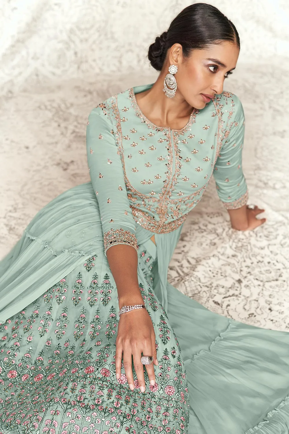 Tiffany Blue Slitted Style Georgette Skirt Style Anarkali