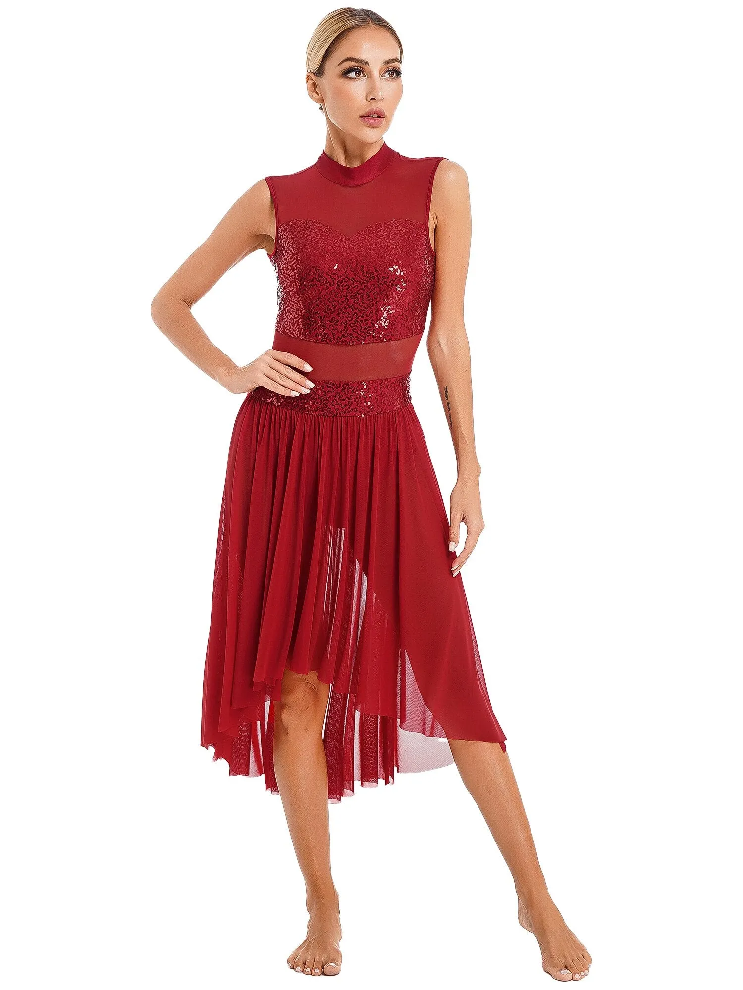 Women Sleeveless Sequined Contemporary Lyrical Dance Stage Performance Dress