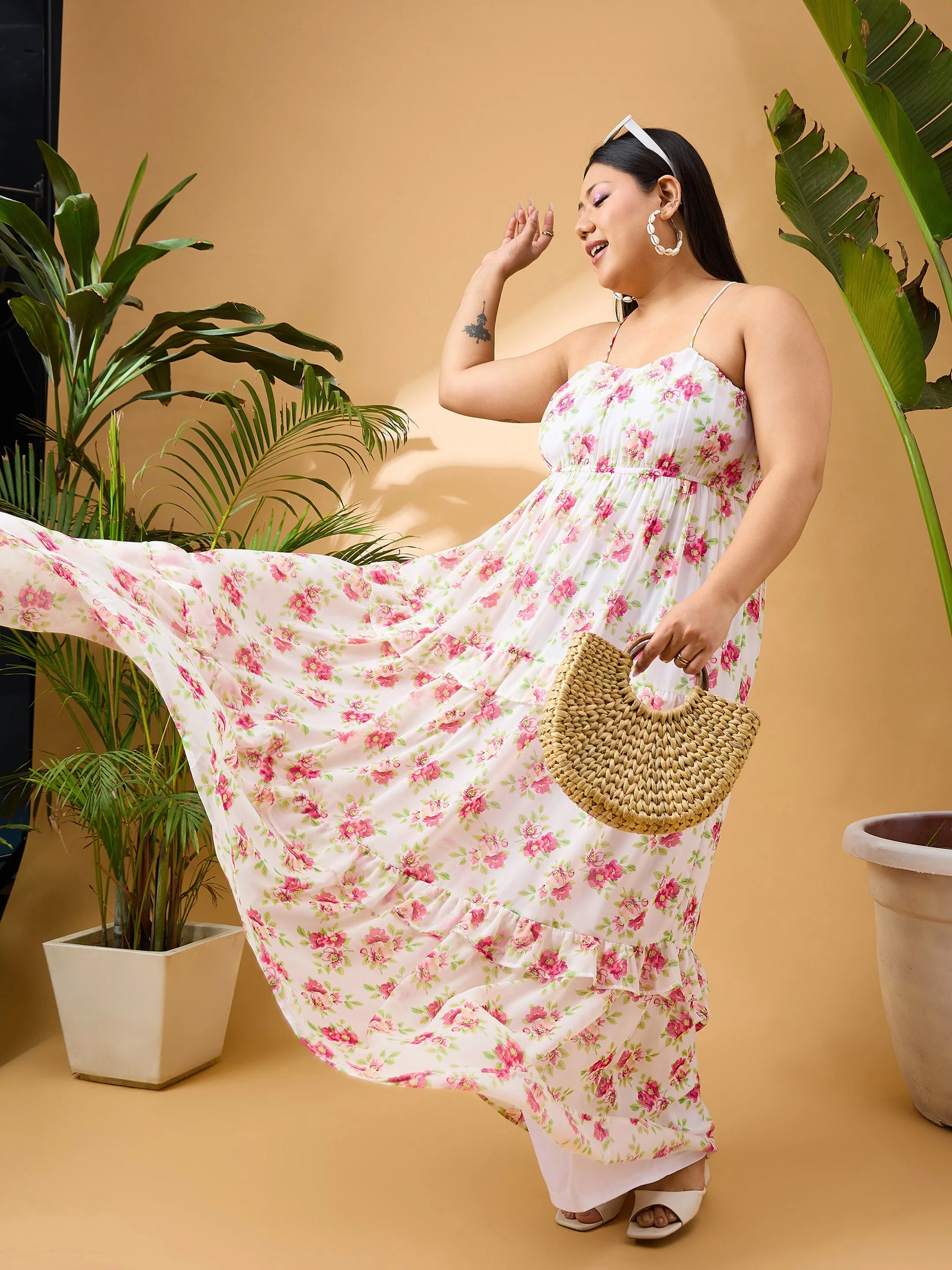 Women White & Pink Floral Strappy Maxi Dress