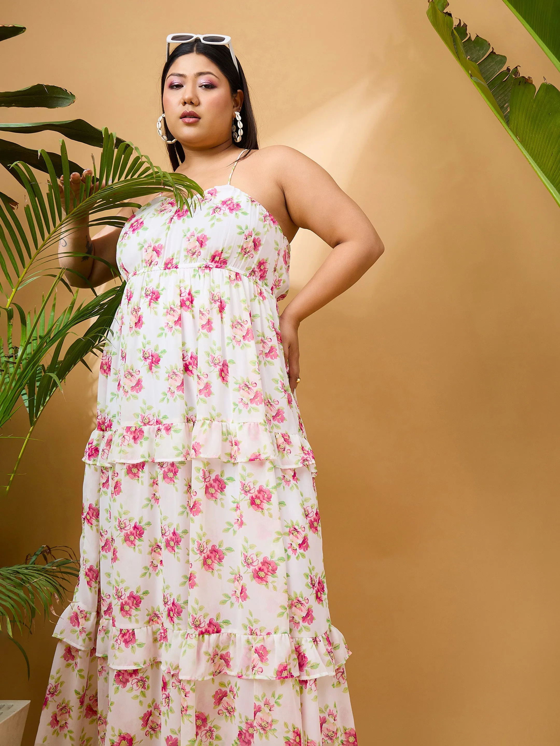 Women White & Pink Floral Strappy Maxi Dress