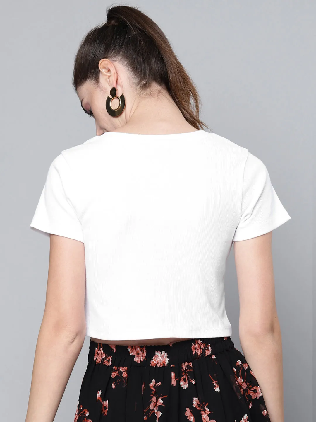 Women White V-Neck Rib Crop Top