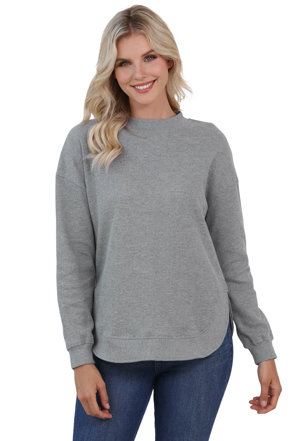Women's Crew Neck Ribbed Trim Waffle Knit Top