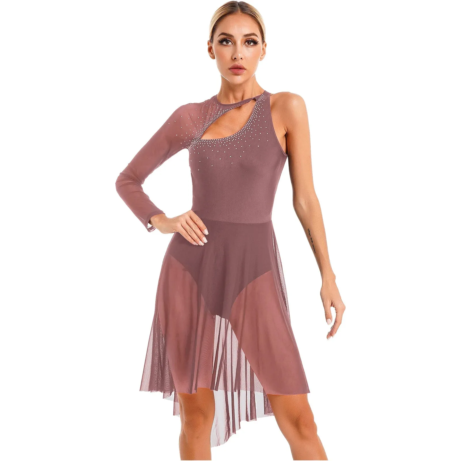 Womens Lyrical Dance Dress Sheer Mesh Gymnastics  Skating Stage Performance Costume