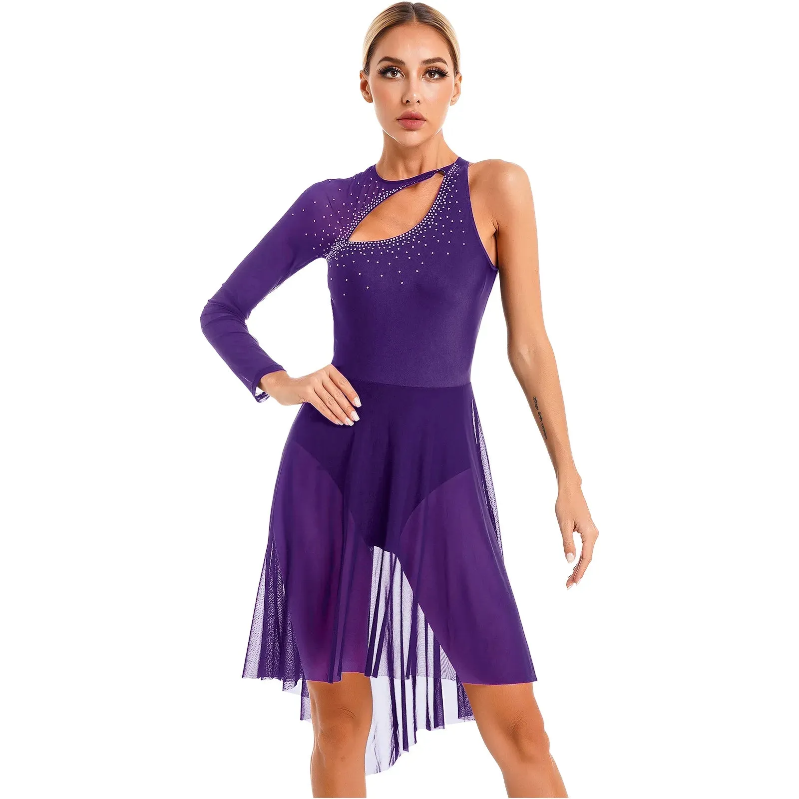 Womens Lyrical Dance Dress Sheer Mesh Gymnastics  Skating Stage Performance Costume