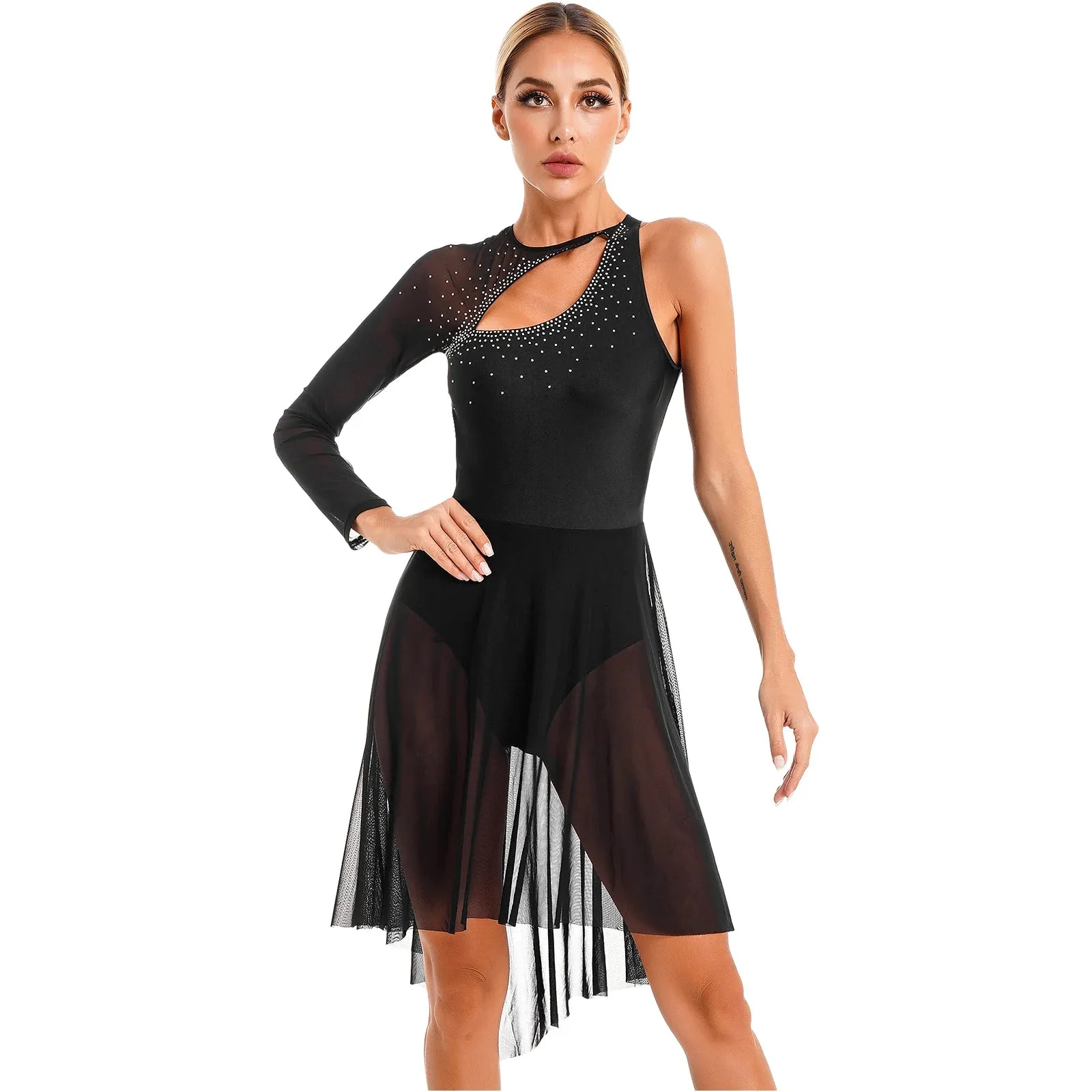 Womens Lyrical Dance Dress Sheer Mesh Gymnastics  Skating Stage Performance Costume