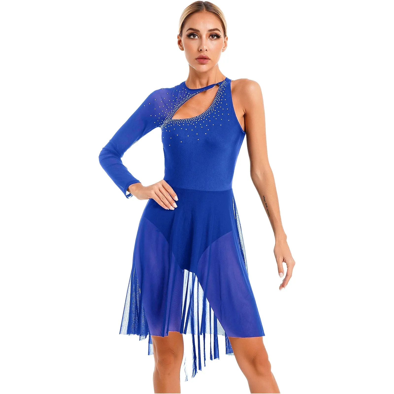 Womens Lyrical Dance Dress Sheer Mesh Gymnastics  Skating Stage Performance Costume