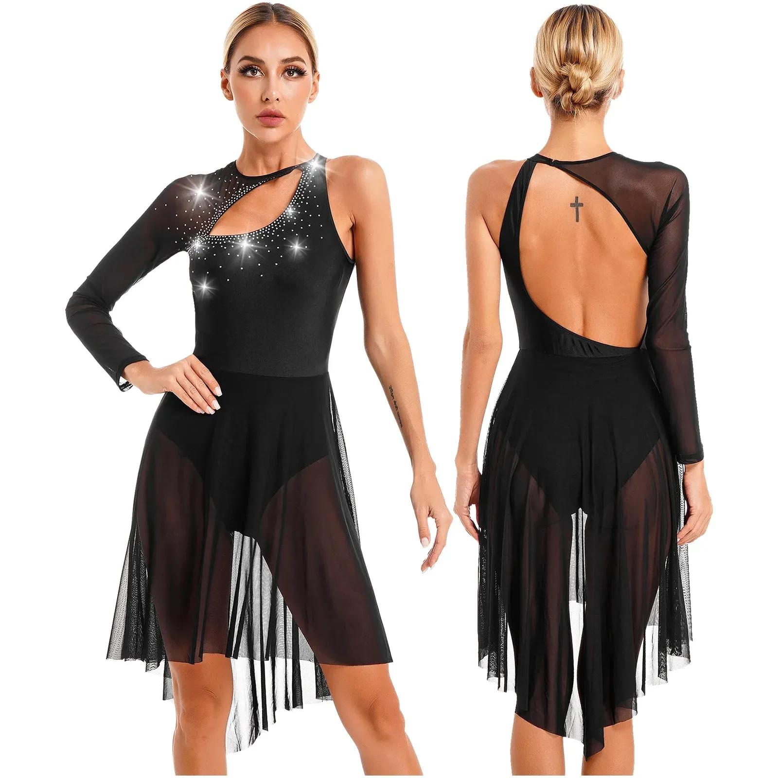 Womens Lyrical Dance Dress Sheer Mesh Gymnastics  Skating Stage Performance Costume