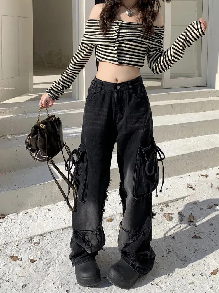 Womens Star Baggy Loose Stacked Cargo Jeans Pants/Wide Leg Denim