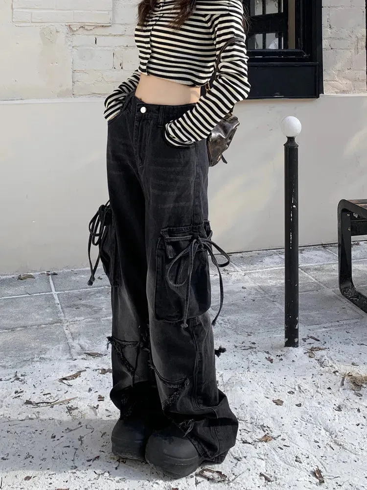 Womens Star Baggy Loose Stacked Cargo Jeans Pants/Wide Leg Denim
