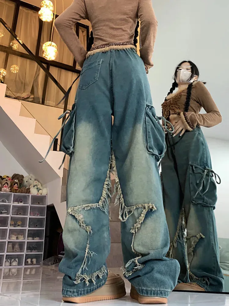 Womens Star Baggy Loose Stacked Cargo Jeans Pants/Wide Leg Denim