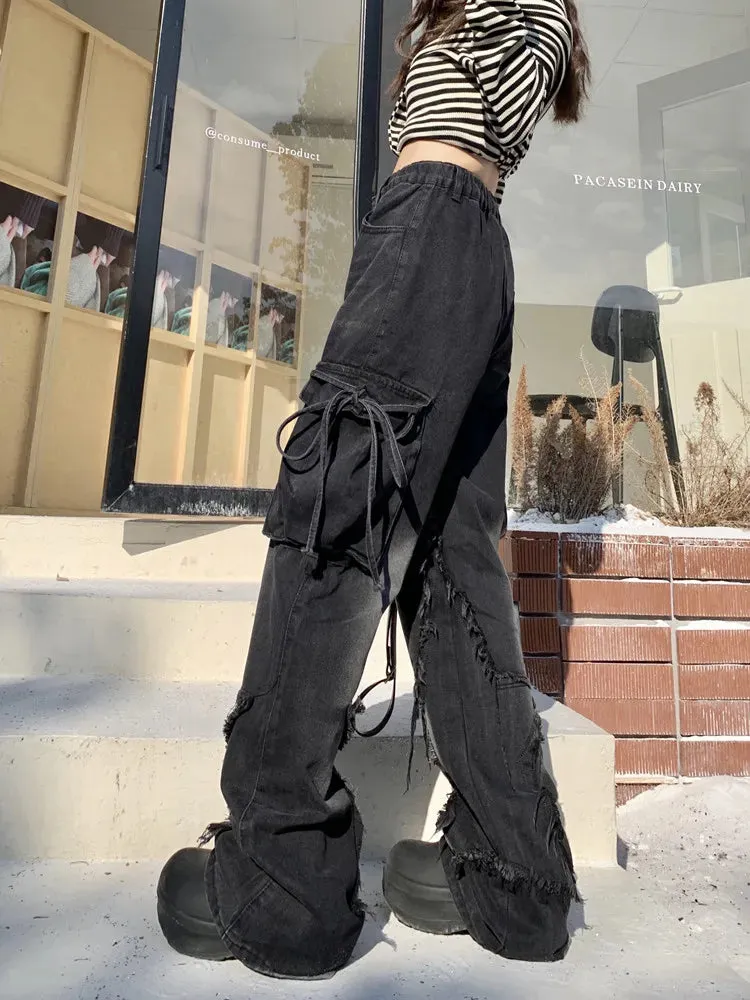 Womens Star Baggy Loose Stacked Cargo Jeans Pants/Wide Leg Denim