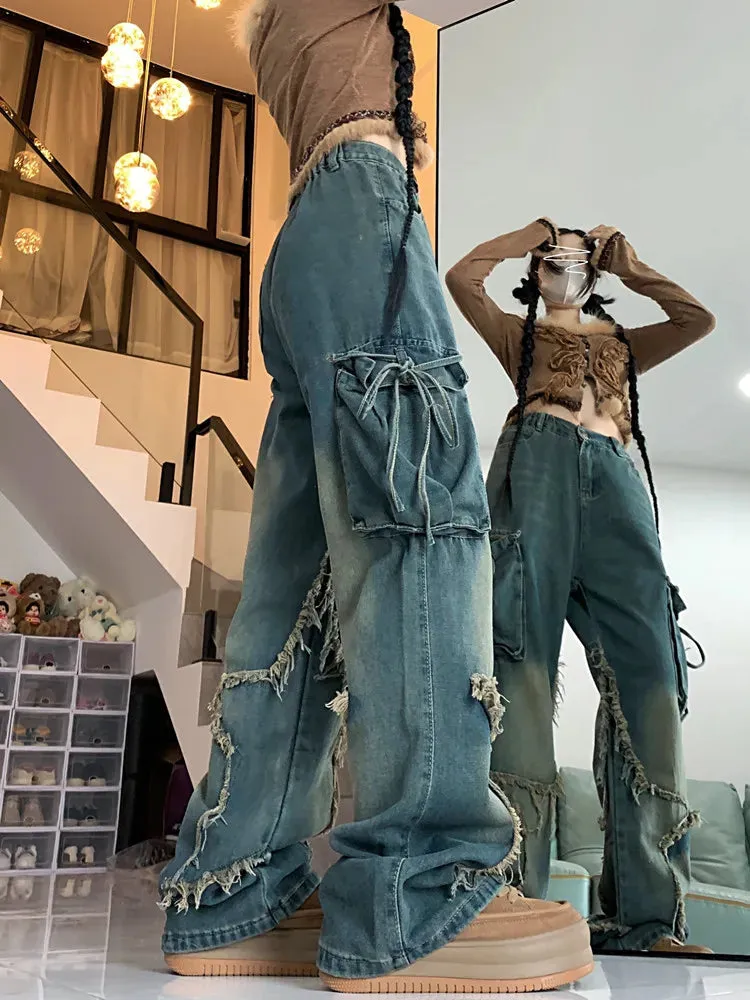 Womens Star Baggy Loose Stacked Cargo Jeans Pants/Wide Leg Denim