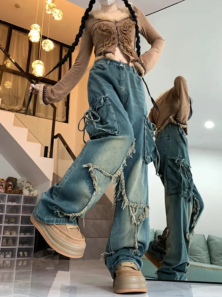 Womens Star Baggy Loose Stacked Cargo Jeans Pants/Wide Leg Denim