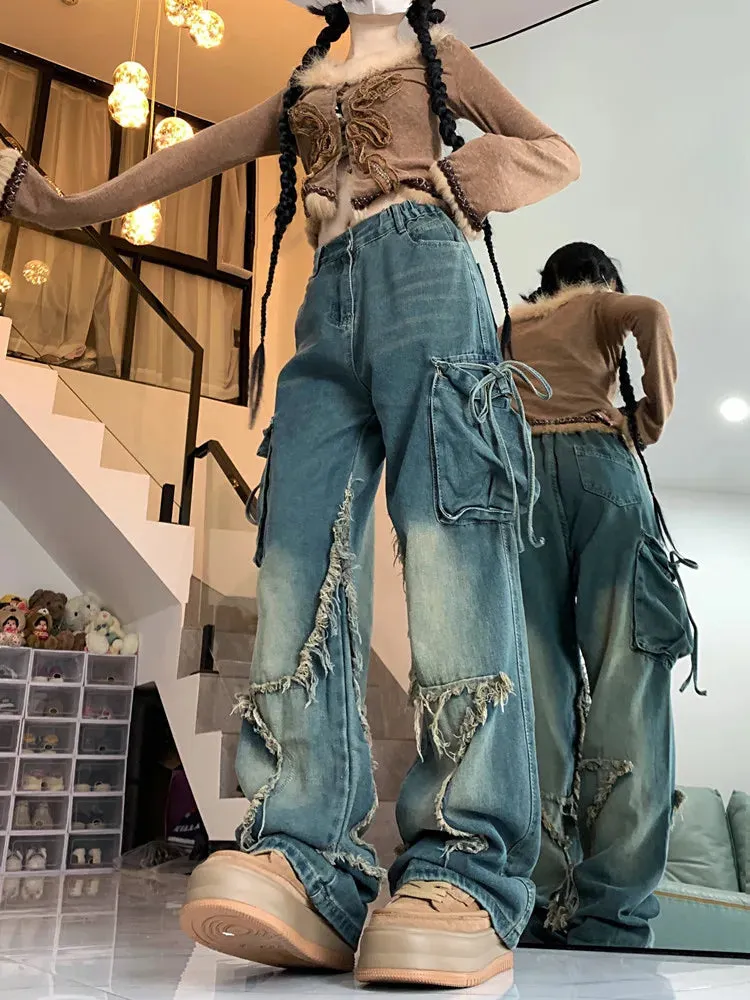 Womens Star Baggy Loose Stacked Cargo Jeans Pants/Wide Leg Denim